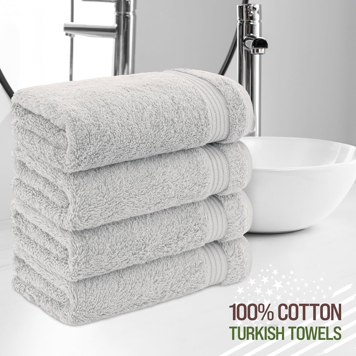 American Veteran Towel, Hand Towels for Bathroom Set of 4, 100% Cotton Turkish Hand Towel Sets, Soft Hand Face Towels, Silver Grey Hand Towels