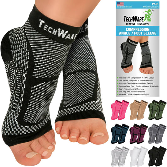 TechWare Pro Ankle Brace Compression Sleeve - Plantar Fasciitis Sock. Relieves Achilles Tendonitis. Foot Arch Support Reduces Joint Pain, Swelling & Heel Spur Pain. Injury Recovery Braces for Sports
