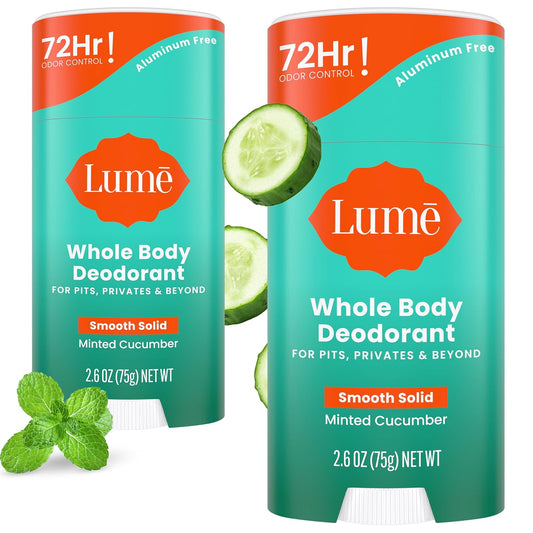 Lume Whole Body Deodorant - Smooth Solid Stick - 72 Hour Odor Control - Aluminum Free, Baking Soda Free and Skin Safe - 2.6 Ounce (Pack of 2) (Minted Cucumber)