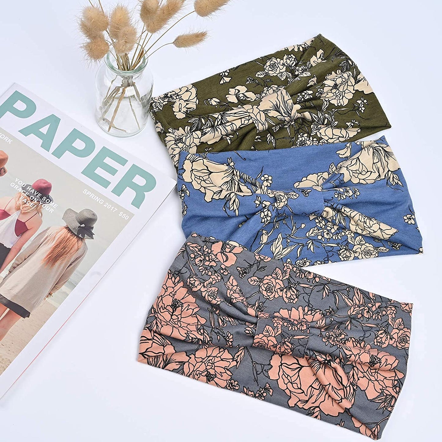 Yeshan Boho Bandeau headbands for Women Wide Bandana Knot Hair Scarf Floral Printed African Hair Bands Elastic Turban Thick Head Wraps Stretch Cotton Head Bands,Pack of 6