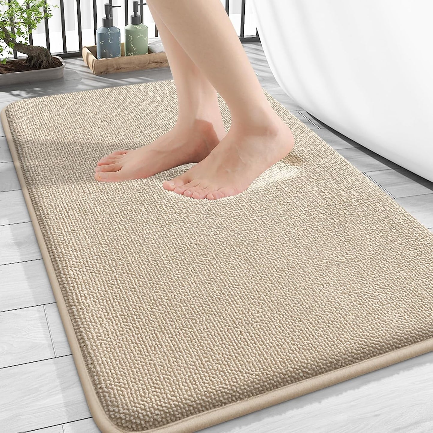 OLANLY Thick Memory Foam Bath Mat Rug 30x20, Extra Soft Absorbent Bathroom Rug, Quick Dry Bath Mats, Non-Slip, Machine Washable Carpet for Bathroom, Tub and Shower, Home Decor Accessories, Beige