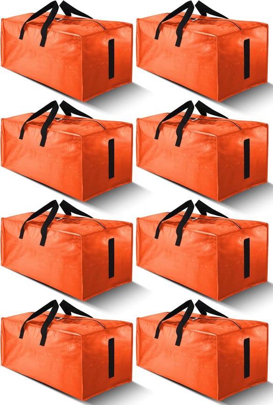 8 Pack Large Strong Moving Bags with Zippers & Carrying Handles - Water-Resistant - Heavy Duty Storage Tote for Space Saving, Fold Flat, Alternative to Moving Box (Orange)
