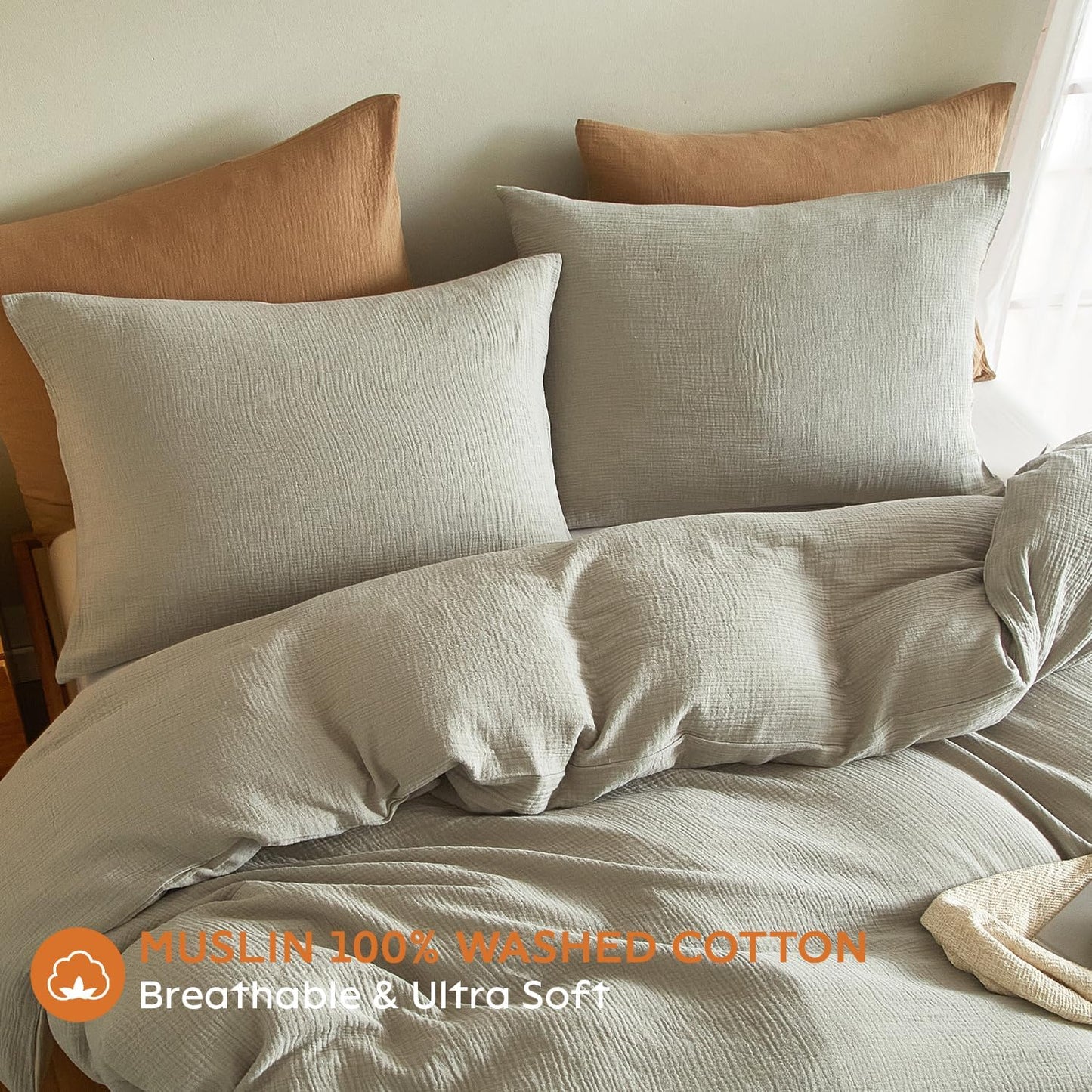 SE SOFTEXLY Muslin Pillowcases Standard Size 100% Cotton, 2 Pack Linen Like Pillow Shams with Envelope Closure, Ultral Soft and Breathable Pillow Case Covers, Smoky-Green, 20" X 26", No Filling