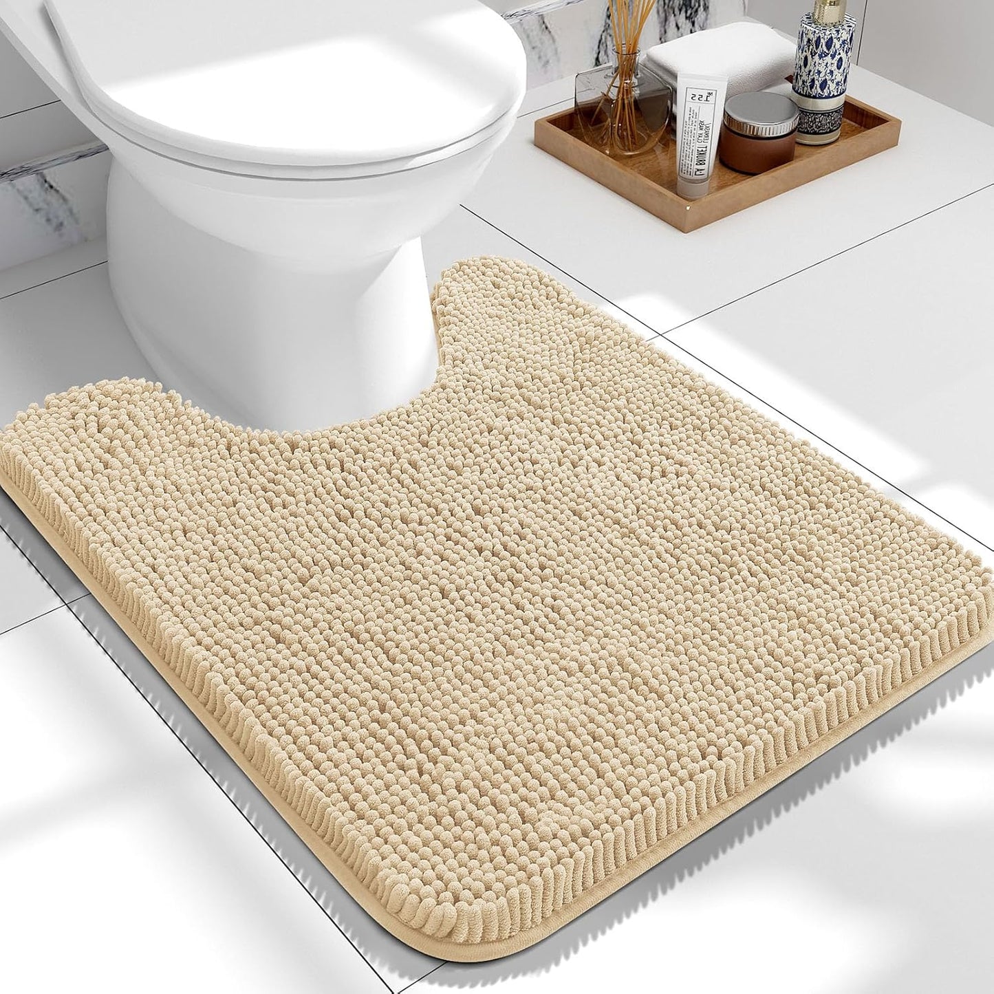 OLANLY Toilet Rugs U-Shaped 24x20, Extra Soft Absorbent Chenille Contour Bathroom Rugs, Dry Quickly, Machine Washable, Non-Slip Bath Mat for Toilet Base, Beige