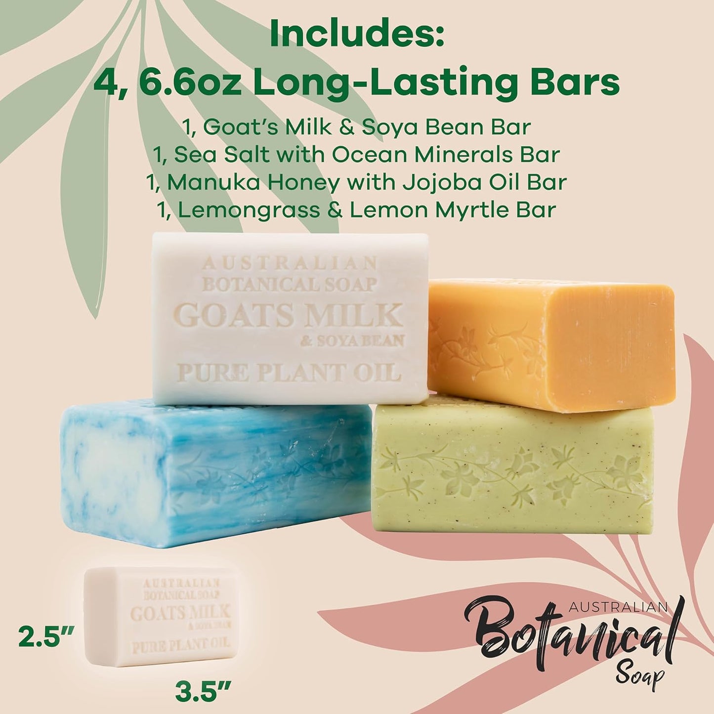 Australian Botanical Goats Milk Soap, Manuka Honey, Lemongrass and Sea Salt 6.6 OZ, Luxury Soap Bars Enriched with Shea Butter, Suitable for all Skin Types, Pack of 4