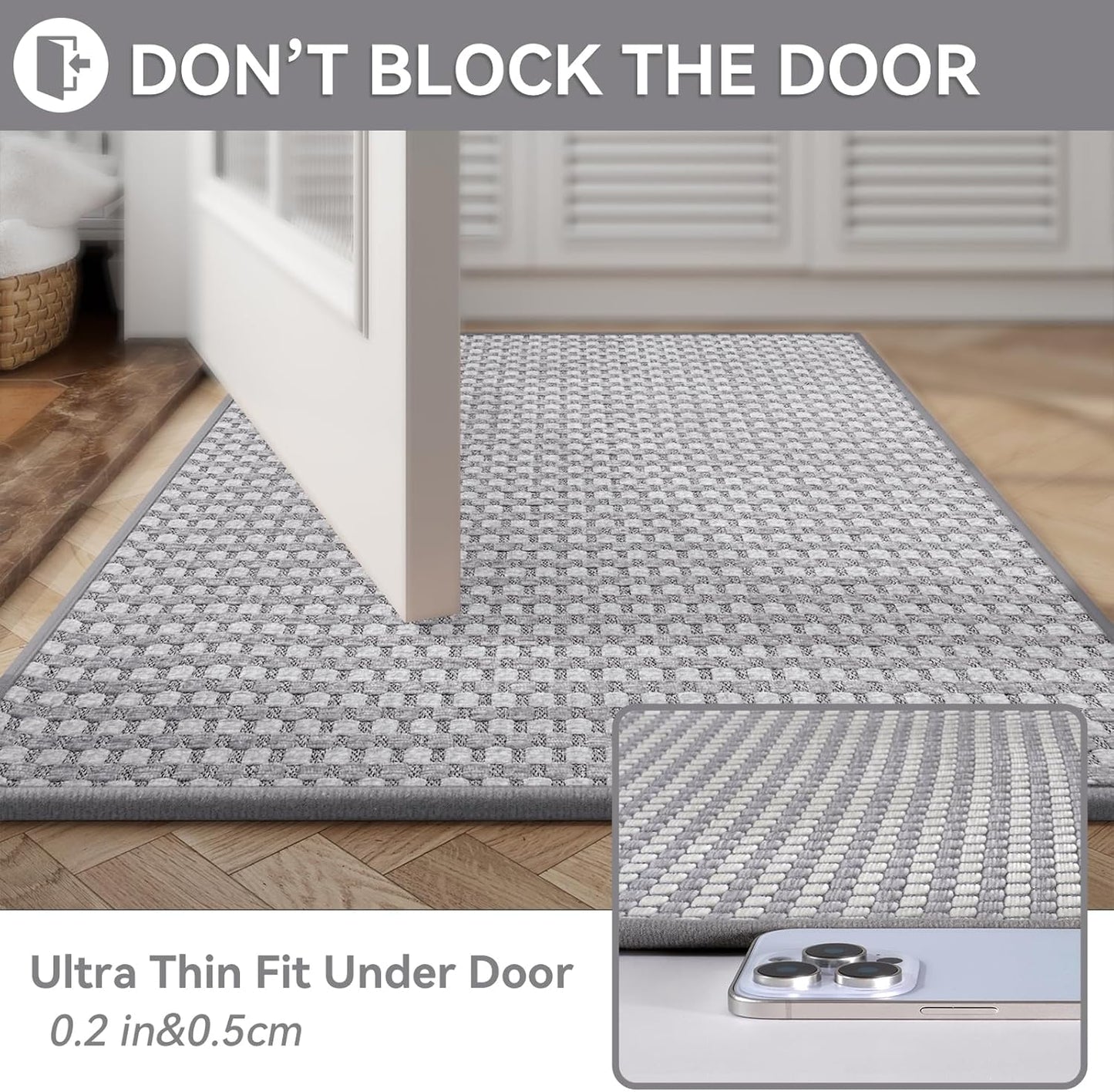 Bath Mat Bathroom Rugs Non Slip Washable, Soft Braided Ultra Thin Bath Mat, Super Absorbent Quick Dry Bath Rug Shower Mat, Rubber Backing, Fit Under Door Bathroom Floor Tub, Gray 20" x 31"