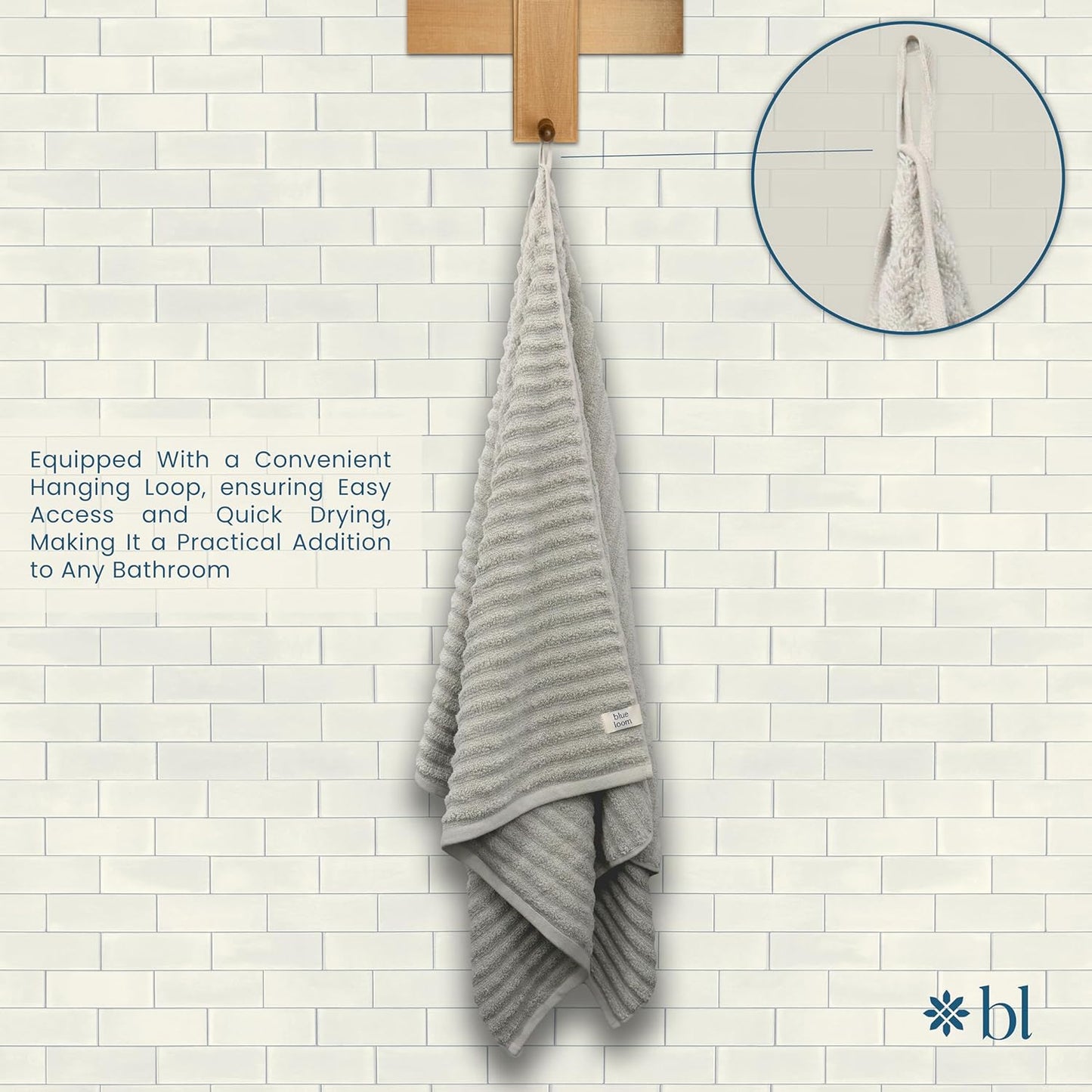 Blue Loom Ribbed Bath Sheet & Towel, 100% Cotton 600 GSM, Soft Absorbent Durable Quick Drying Bath Sheet & Bath Towel Set for Bathroom - Mason Set of 2 Stone Grey (65" x 45" & 58" x 30")