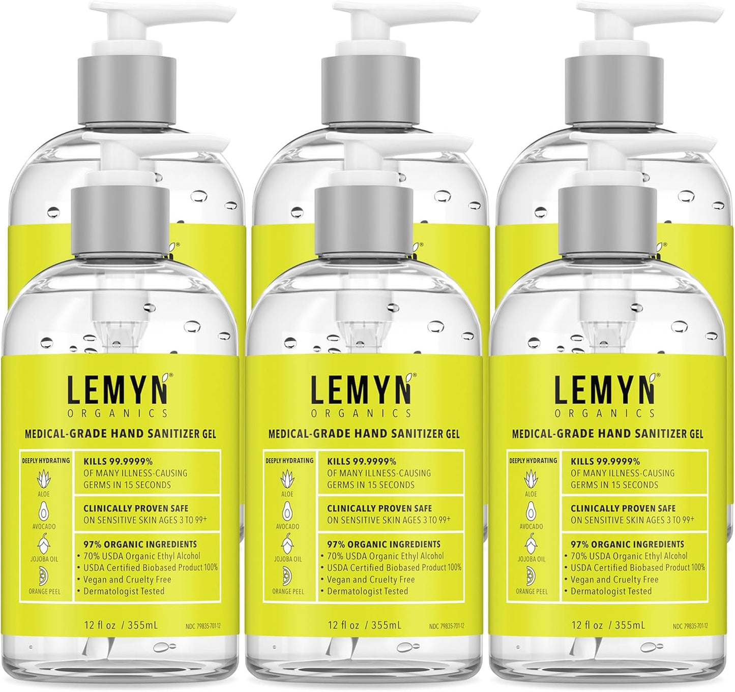 Medical‑Grade Hand Sanitizer Gel – 97 % Organic | 70 % USP Ethyl Alcohol | Moisturizing Aloe + Hyaluronic Acid | Freshly Made in USA | 12oz Bottle with Pump (PACK OF 6)