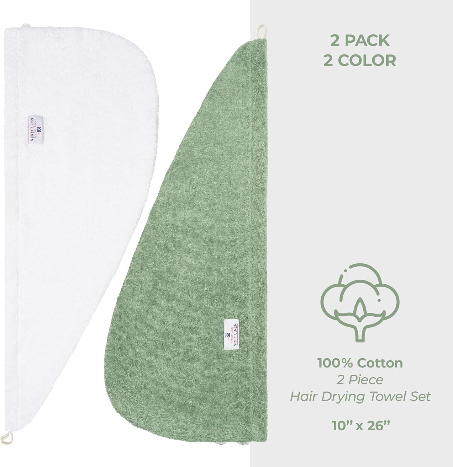 American Soft Linen 100% Cotton Hair Towels for Women, Head Towel Cap, Cotton Hair Turban Towel Wrap for Hair, Soft and Absorbent Cotton Hair Towels 2 Pack, White-Sage Green