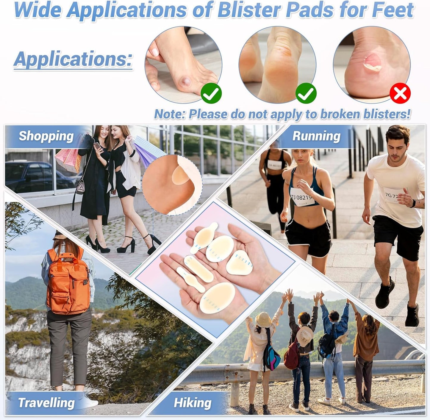 64 Pieces Hydrocolloid Blister Bandages for Feet - 6 Styles Waterproof Adhesive Blister Pads, Blister Patches for Heel, Foot, Toe, Blister Cushions for Prevention
