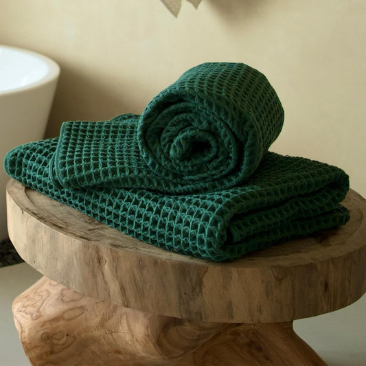 Luxury Japanese Cotton Waffle Bath Towel | Plush, Absorbent, and Quick Dry | Free Storage Bag Included (Forest Green, Bath Sheet (Set of 2))