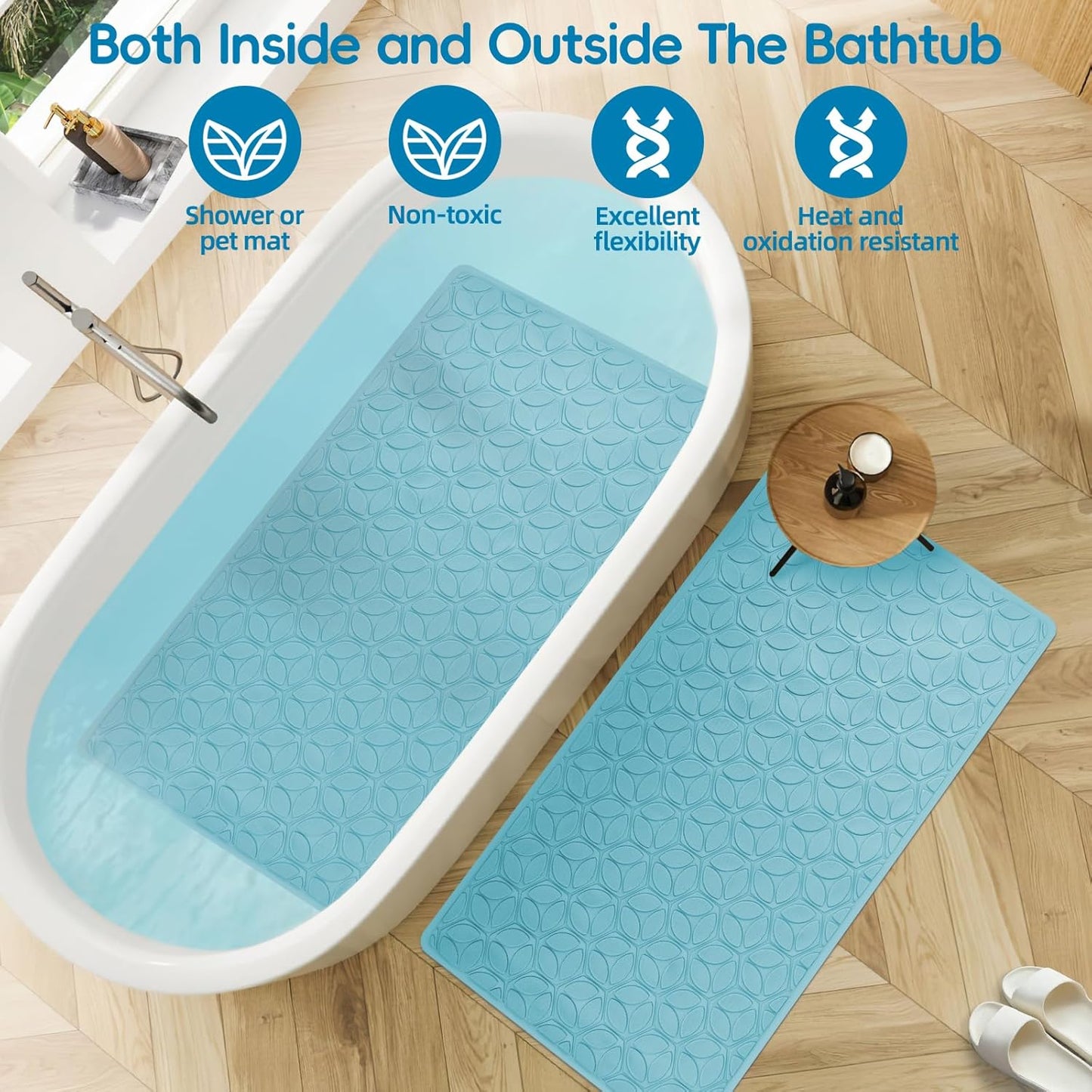 WRISIN Bathtub Mat Non Slip with Suction Cups - 100% Rubber Bathroom Mat Textured for Bath Tub Shower Safety - Soft on Touch - BPA/PVC Free - Pet Dog Bath Mat - Machine Washable - 17 × 35 Inch（Blue）