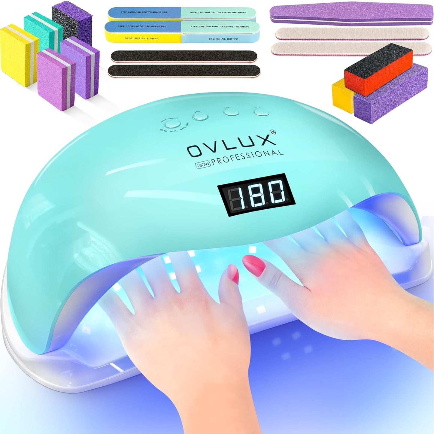 OVLUX 180W UV LED Nail Lamp - Professional Fast Nail Dryer for Gel Polish with 57 LEDs, Auto Sensor, LCD Display, 4 Timer Settings, Cures Fingernails & Toenails, for All Gel Types - Color Tiffany