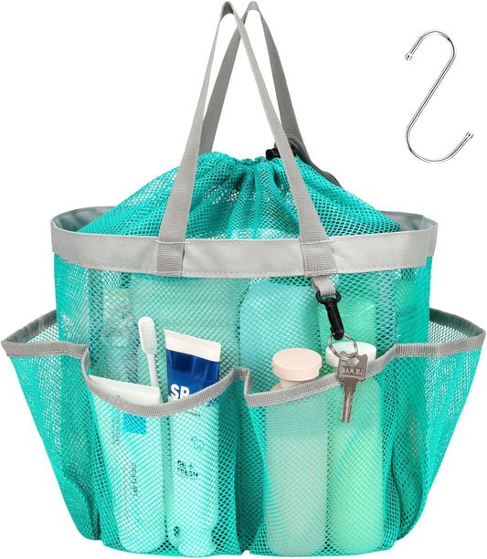 F-color Mesh Shower Caddy Portable with Drawstring - Upgrade Deeper 7 Pockets Dorm Room Essentials for Guys Girls with S Hook, Shower Bag Basket Tote for College Camping Toiletry Bathroom, Mint Green
