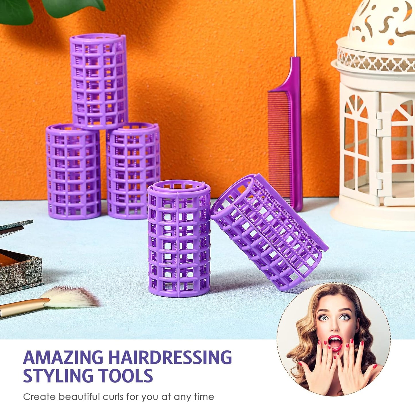 Syhood 12 Pcs Plastic Hair Rollers for Women Large Size Curlers Set Snap Roller Clips with Rat Tail Comb for Long Medium Short Hair Bangs, Salon Hairdressing Styling Tool(2.6 x 1.4 Inch,Purple)