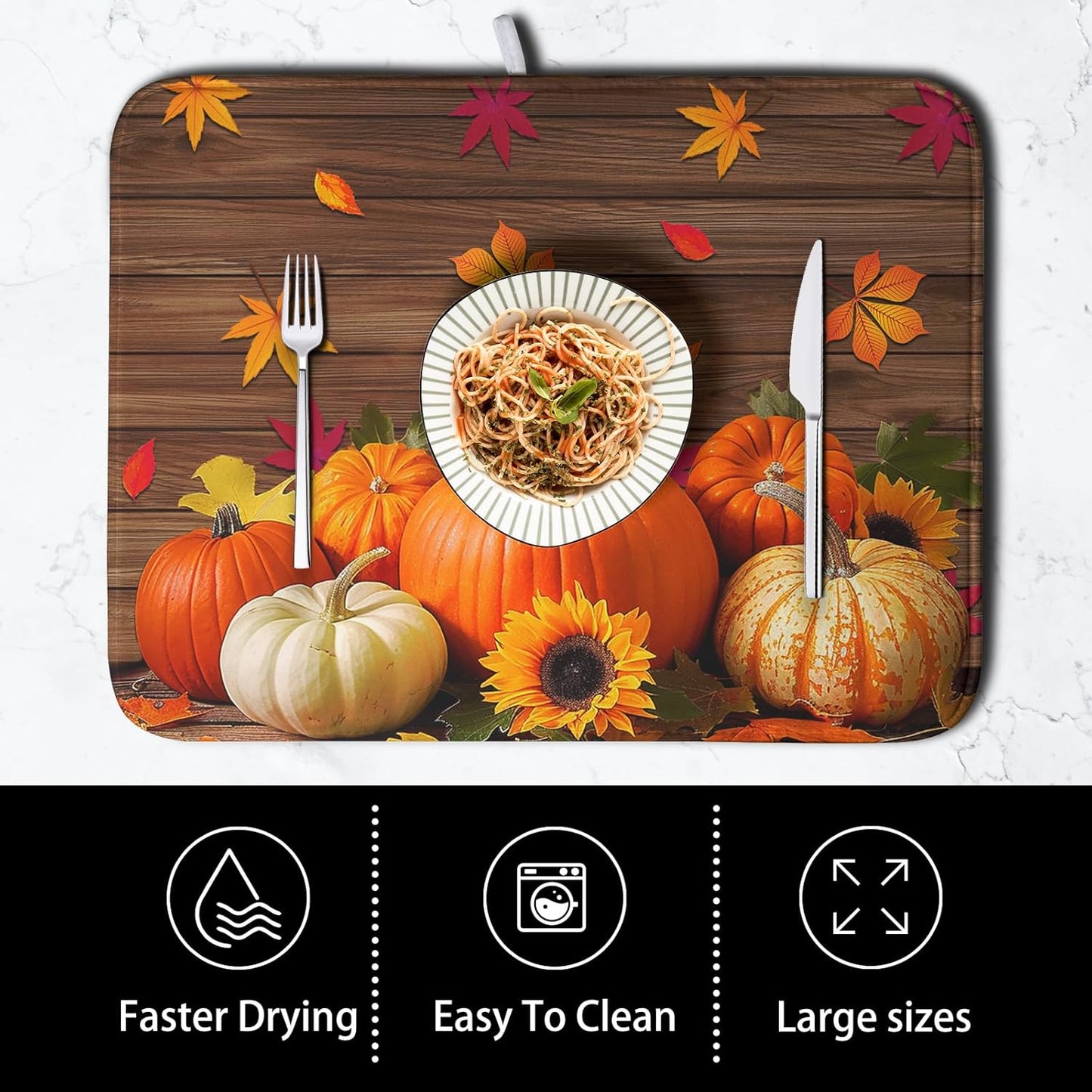 AutumnThanksgiving Pumpkin Dish Drying Mat for Kitchen Counter 16x18 Inch Fall Sunflowers Maple Leaves Harvest Kitchen Drying Mat Microfiber Super Absorbent Dish Rack Drainer Mat with Hanging Loop