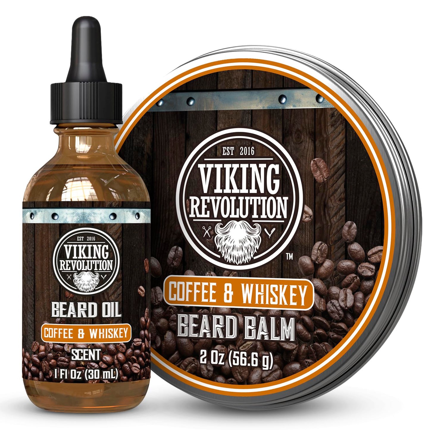 Viking Revolution Coffee and Whiskey Beard Balm for Men (2oz) and Beard Oil (1 fl oz) Kit - With Argan and Jojoba Oils - Soften and Moisturize - Stocking Stuffers for Men
