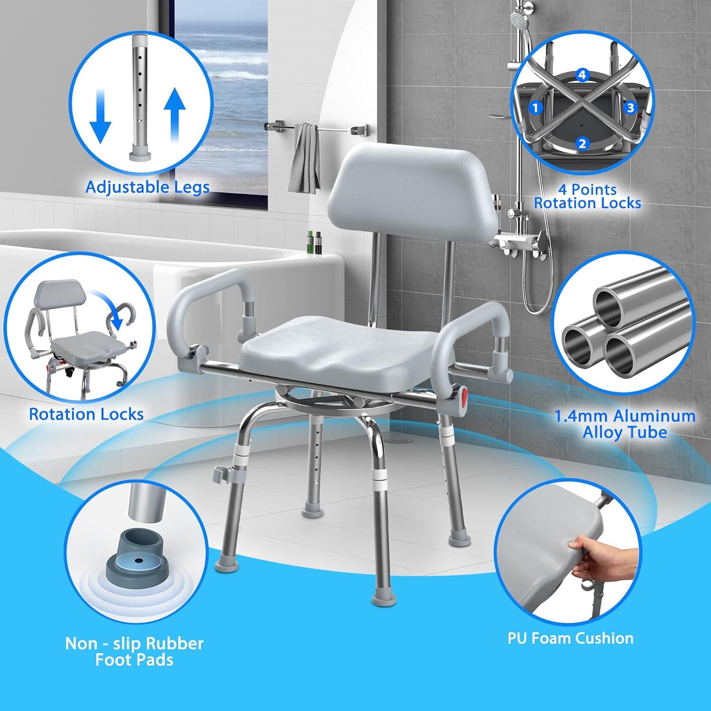 Swivel Shower Chair with Arms and Back,Anti-Slip Design,with Security Belt for Elderly and Disabled,Adjustable Height and Backrest,One-Touch Rotate Shower Chair,Gray