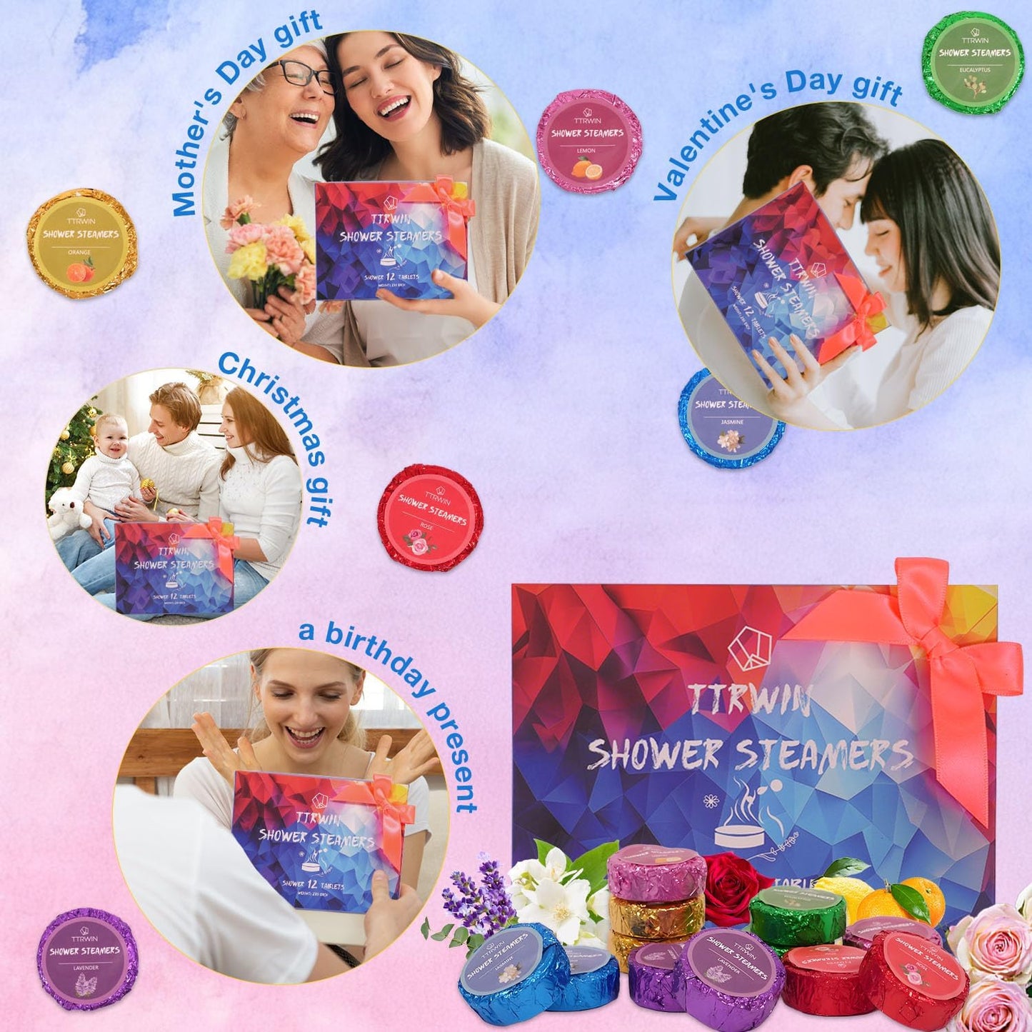 Shower Steamers Aromatherapy 12 Pack Shower Bombs with Natural Essential Oils, Home SPA Stress Relief Christmas Stocking Stuffers Birthday Gifts for Women Mom Men Self Care Relaxation