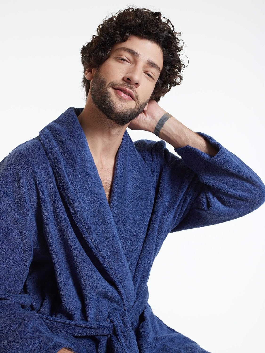 SIORO Mens Terry Bath Robe, Plush Hooded Cotton Cloth Knee-Length Robes for Spa, Shower, Soft Towel Bathrobes with Pockets