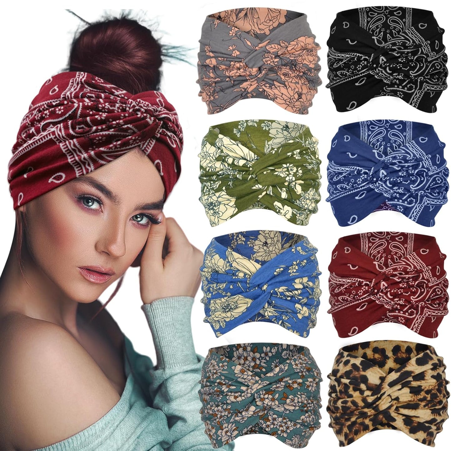 Boho Extra Wide Headbands For Women 7'' Large Headband Twist Head Bands Women's Hair Band Stretchy Turban Styling Accessories 8 Pack