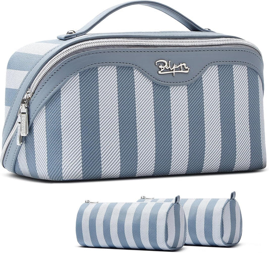 BOYATU Travel Makeup Bag for Women: Large Cosmetic Bag Set of 3 - PU Leather Make up Bag with Compartments - Compact Waterproof Toiletry Bag with Divider & Handle (A-02Blue)