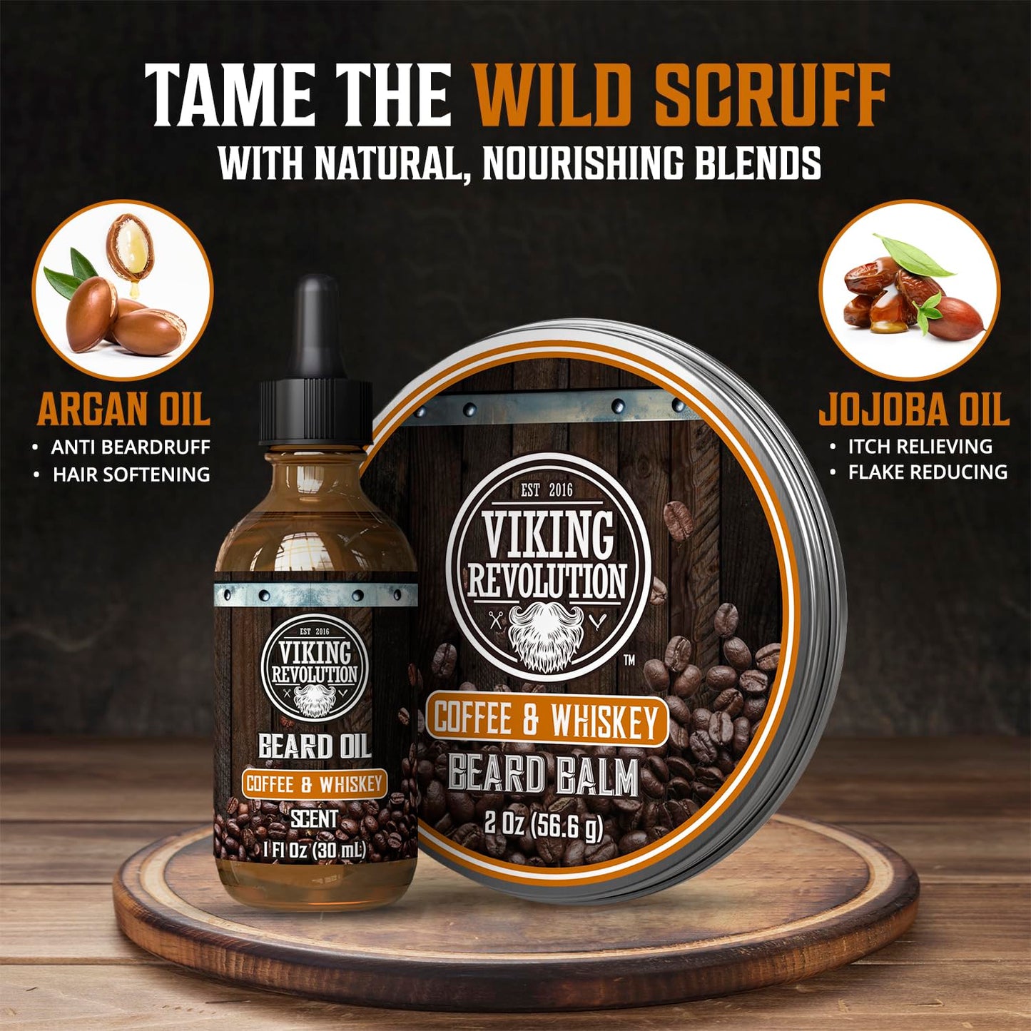 Viking Revolution Coffee and Whiskey Beard Balm for Men (2oz) and Beard Oil (1 fl oz) Kit - With Argan and Jojoba Oils - Soften and Moisturize - Stocking Stuffers for Men