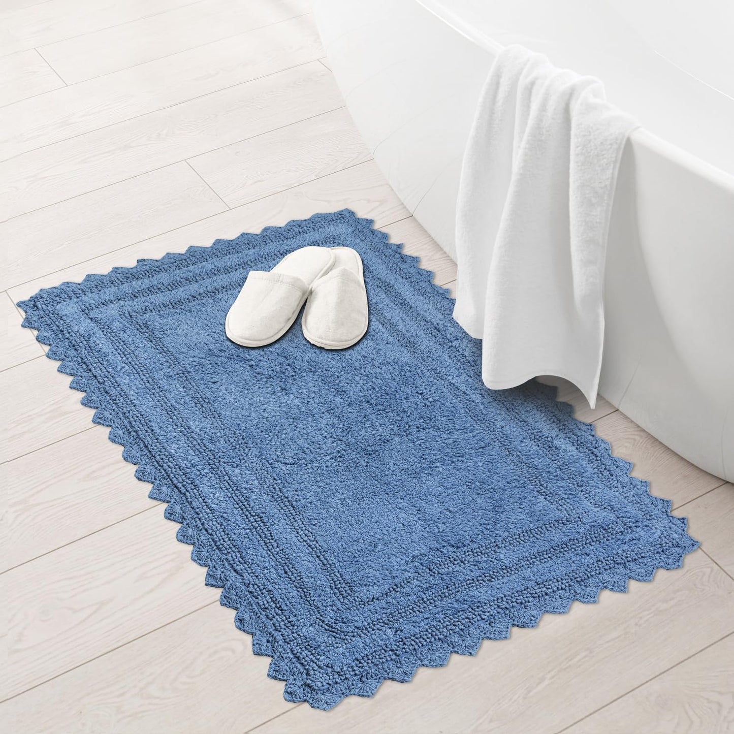 RAJRANG Parisian Blue Bathroom Mat with Crochet Pattern - 34x21 Inches Cotton Reversible Rectangular Bath Rug for Bathroom Spa Hotel and Restaurant