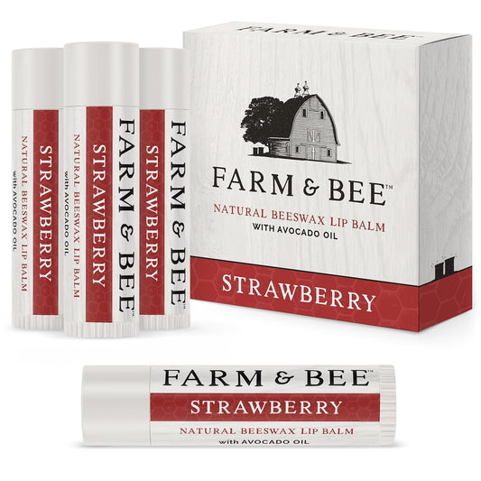 Natural Lip Balm - Organic & Natural Ingredients - Beeswax Based Moisturizing Lip Care Chapstick for Chapped Lips - Great Gift Idea - Farm & Bee - 0.15oz (Pack of 4 - Strawberry)