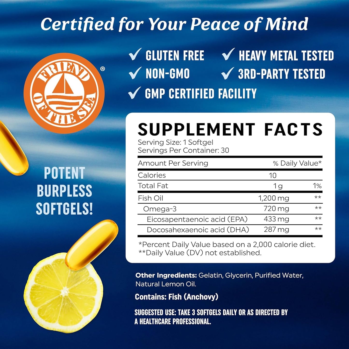 Triple Strength Omega 3 Fish Oil 1200 mg | EPA & DHA | Wild Caught, Sustainably Sourced Omega-3 Fatty Acids | Premium Burpless Fish Oil Supplements | Non-GMO, Third-Party Tested | 30 Softgels