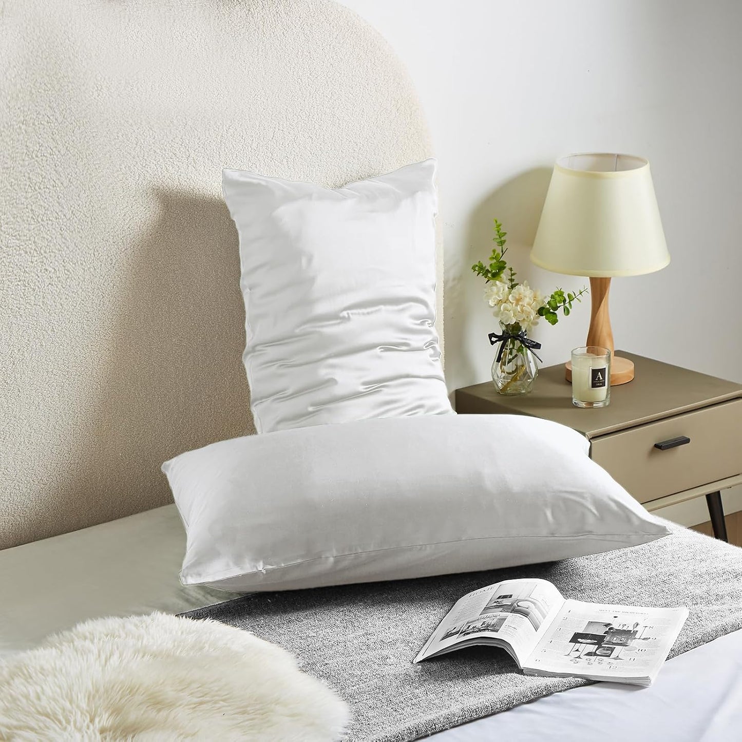 Silk Pillow Cases 2 Pack Mulberry Silk Pillow Cases Soft Breathable Both Sided Natural Silk Pillowcase with Zipper Beauty Sleep Silk Pillow Cases for Gift(Standard,White)