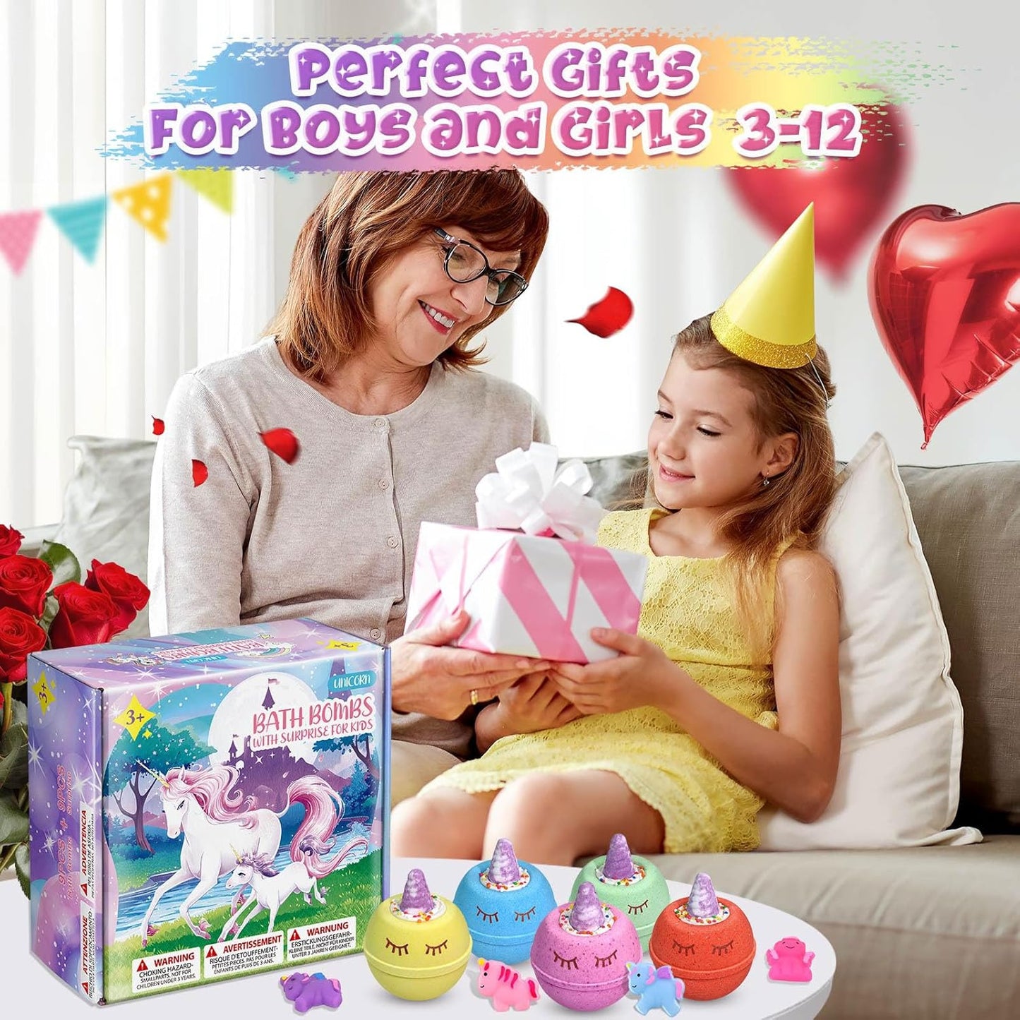 Unicorn Gifts for Kids, 9 Large Natural and Organic Unicorn Bath Bombs for Kids with Surprise Toys Inside, Birthday Gift Set for Teen Girls Boys 3-12