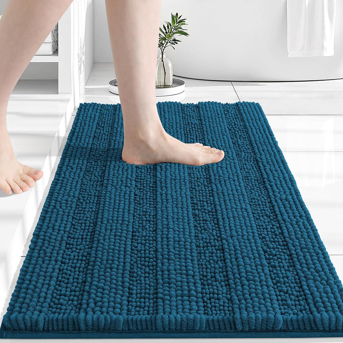 Grandaily Chenille Striped Bathroom Rugs 30x20, Extra Thick and Absorbent Bath Mats, Non-Slip Soft Plush Shaggy Shower Carpet, Machine Wash Dry, Bath Rug for Bathroom, (Medium, Atlantic Blue)