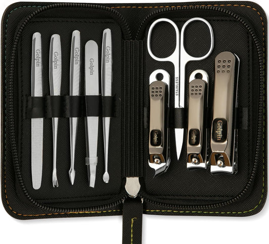 9 Pcs Manicure Kit for Men & Women – Stainless Steel Tools with Travel Nail Kit Case, Nail Clippers, Cuticle Pusher, File, Gift Ready Women & Mens Manicure Set (Black)