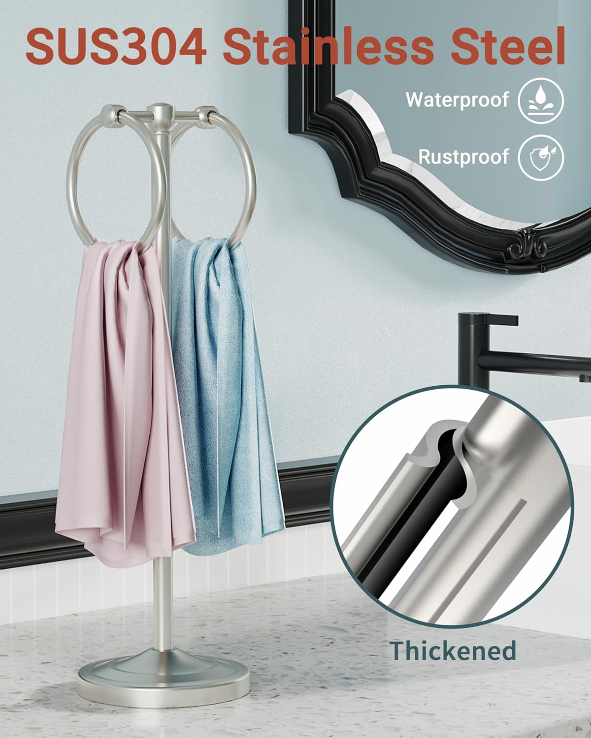Hand Towel Holder Stand, SUS304 Stainless Steel Weighted Hand Towel Stand for Bathroom Kitchen Countertop Towel Stand with Double Stand Hand Towel Ring Total Height 18"(Nickel)