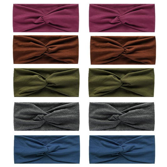 10 Pcs Wide Absorbent Sport Headbands for Women, Non-slip, Stretchy, Soft Cotton Twist Knotted Hair Bands for Daily Workout Yoga Running Sports, BC