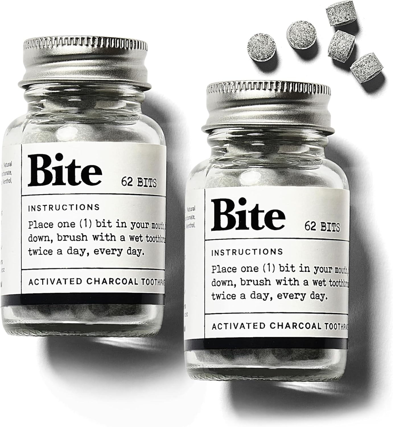 Bite Whitening Toothpaste Tablets – Nano Hydroxyapatite & Xylitol (Mint Charcoal) | Sensitive Teeth Friendly | No Fluoride, Vegan, Cruelty-Free | Travel-Size | 2 Bottles (124 Bits) | Made in USA