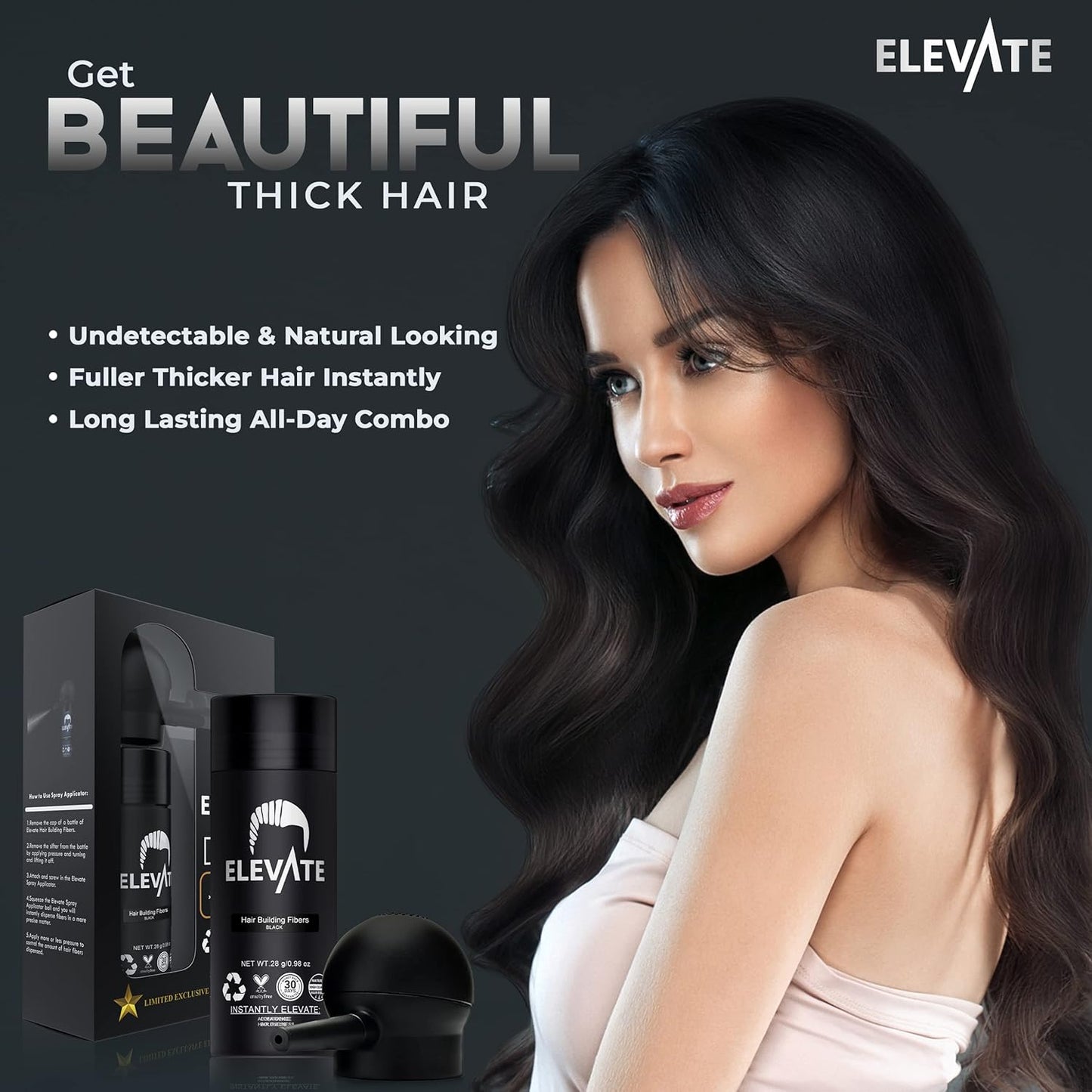 ELEVATE Hair Perfecting 2-in-1 Kit | Set Includes Natural Hair Thickening Fibers & Spray Applicator Pump Nozzle | Instantly Conceal & Thicken Thinning Balding Areas in Seconds Men & Women (Black)