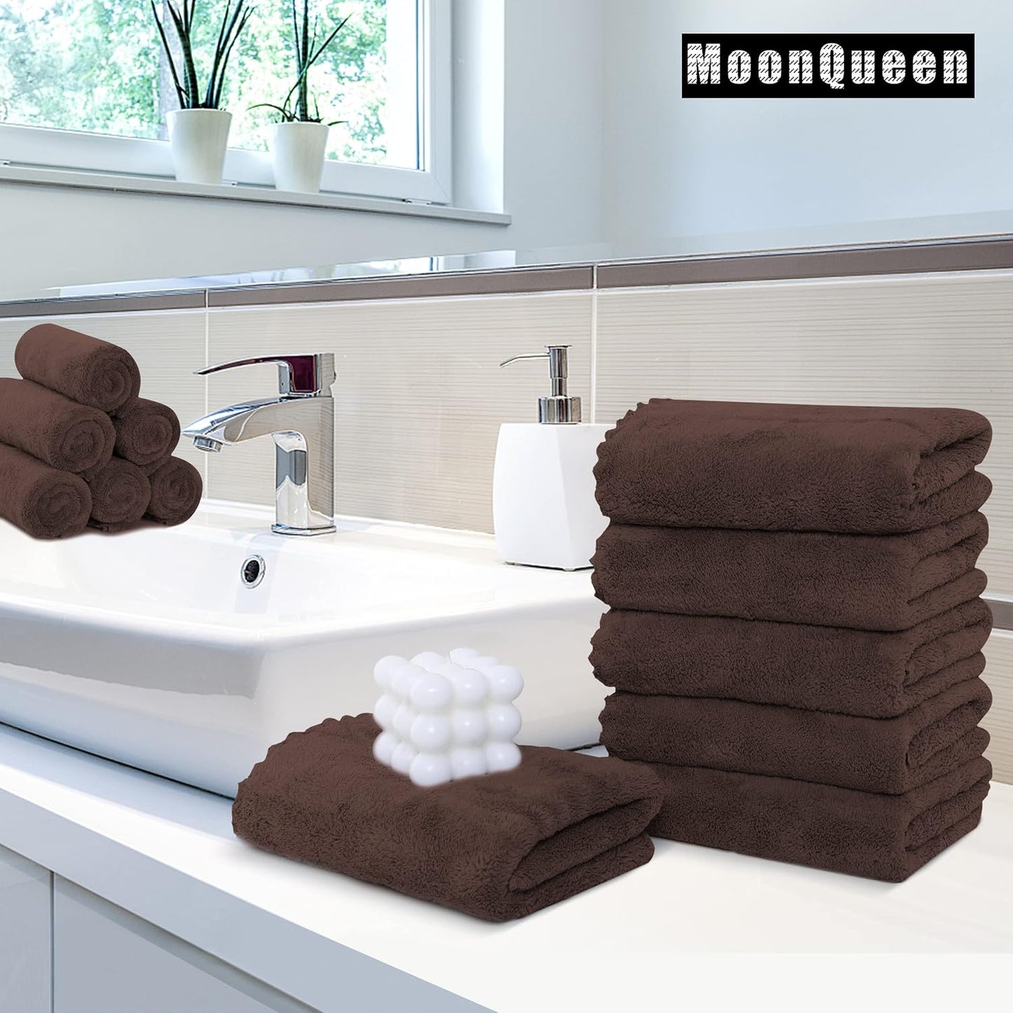 MOONQUEEN 6 Pack Premium Hand Towels - Quick Drying - Microfiber Coral Velvet Highly Absorbent Towels - Multipurpose Use as Hotel, Bathroom, Shower, Spa, Hand Towel 16 x 28 inches (Wood Brown)