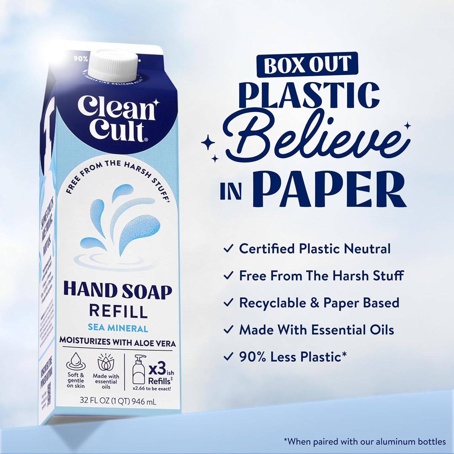 Cleancult Liquid Hand Soap Refill - Sea Minerals - Gentle On Sensitive Skin - Made with Aloe Vera & Essential Oils - Eco Friendly - Paper-Based Packaging - 32 oz/1 Pack