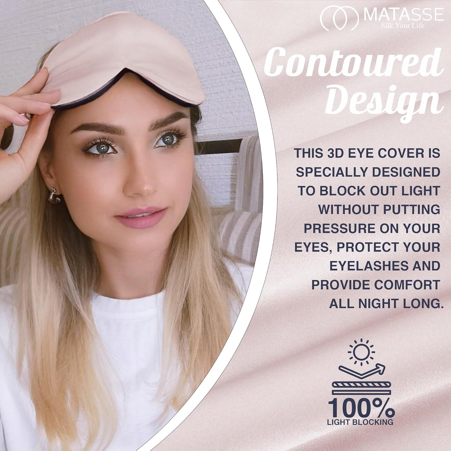 MATASSE Silk Eye Mask for Sleeping with Adjustable Elastic Band - 3D Contoured, Eye Cover Sleep Mask w/Genuine Mulberry Silk Including The Strap for Women, Men (Pink/Black)