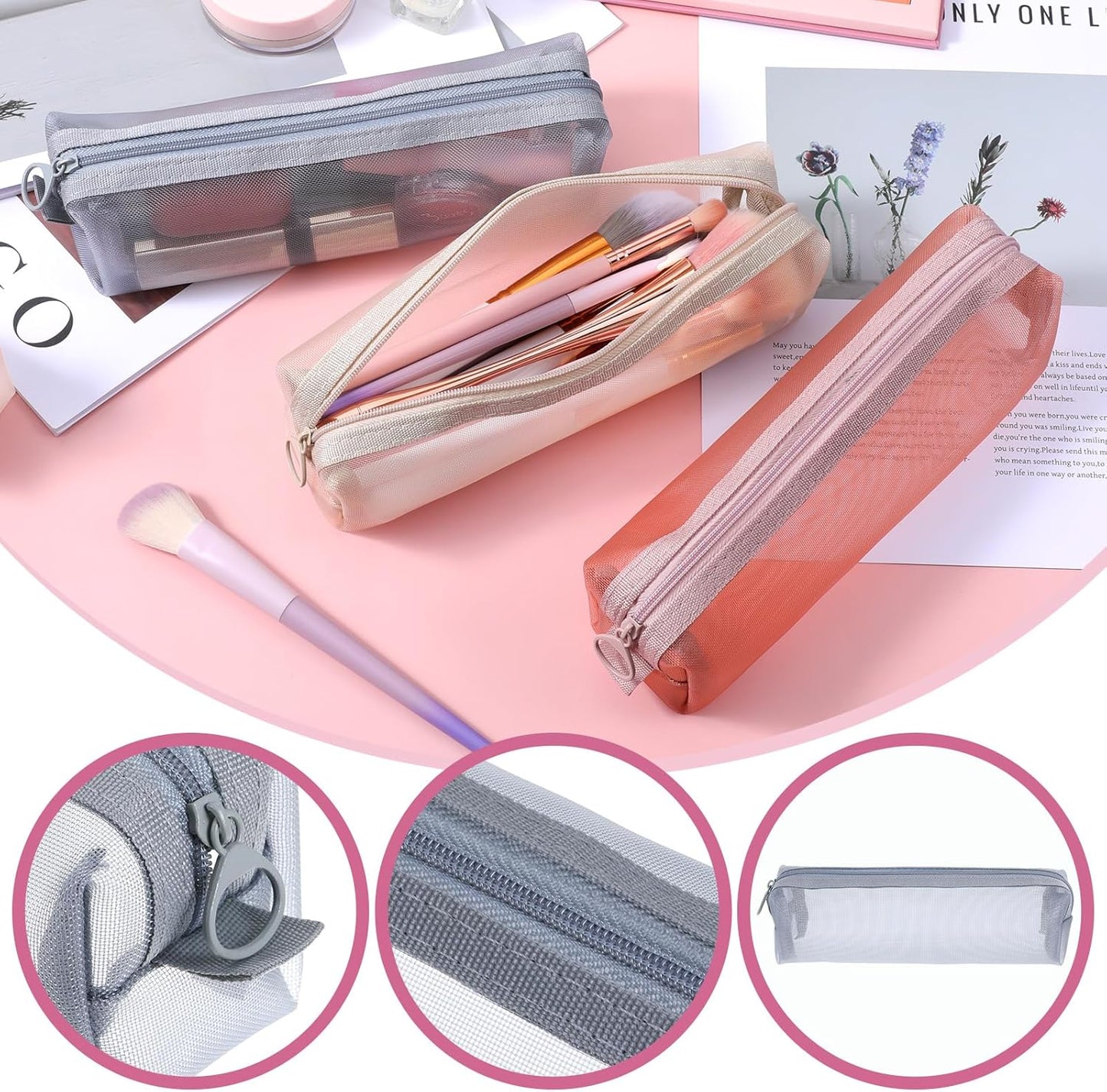 3PCS Mesh Makeup Brush Bag, Mesh Zipper Pouch Bags 7" Portable Travel Cosmetic Bag Square Pencil Case Organizer Stationery Storage Bags for Home Office Supplies Cosmetics Makeup Travel Accessories