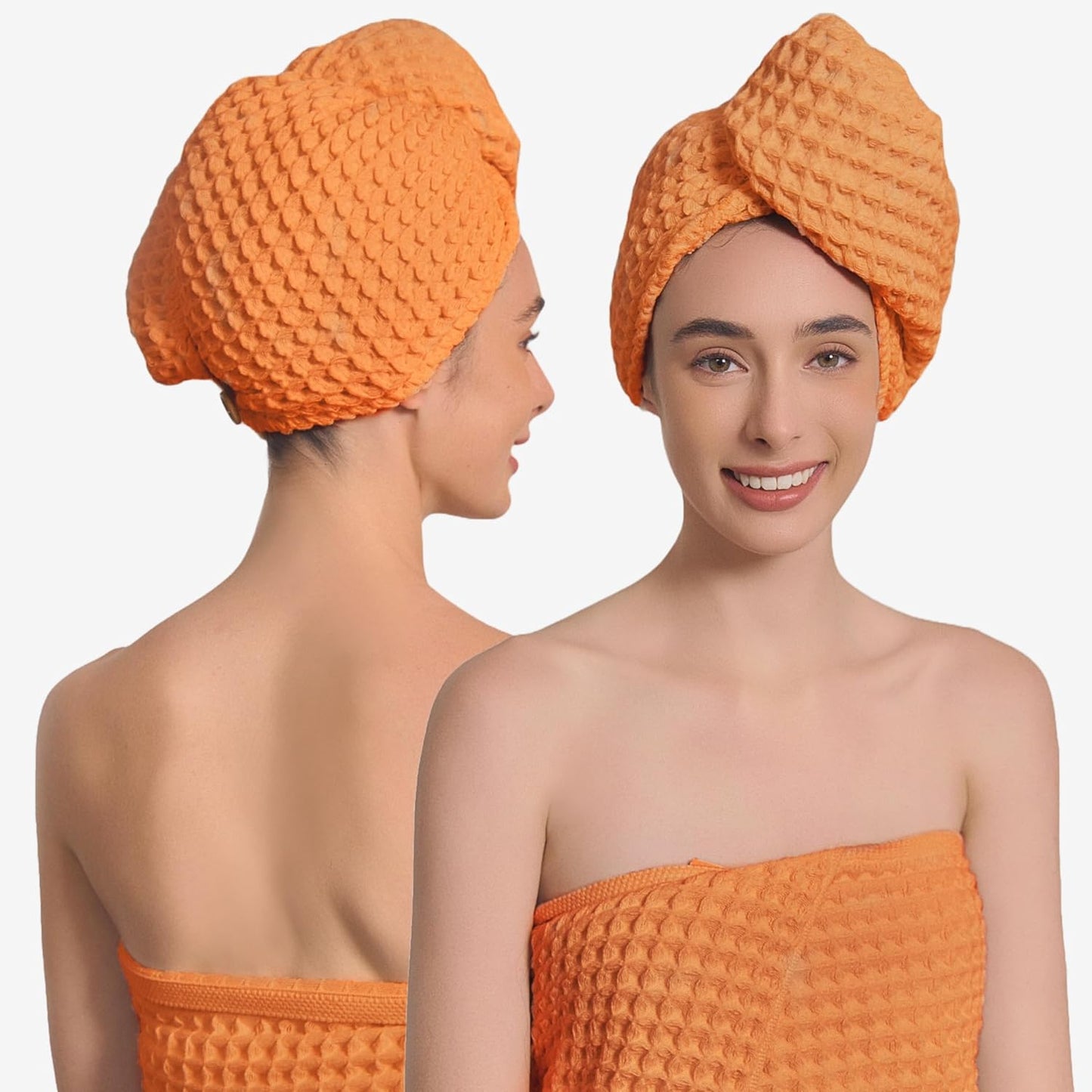 Hair Towel | 100% Cotton Silk Hair-Drying Waffle Wrap Turban for Women, Ultra-Absorbent, Anti Frizz, Hair Damage Protection for Straight and Curly Hair (Coral Orange, 1 Pack)