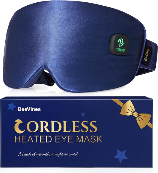BeeVines Cordless Heated Eye Mask, Electric Heat Eye Masks for Dry Eyes, Light Blocking Warm Compress for Women Men, Rechargeable Eye Warmer with Travel Pouch & Washable Cover(Blue)