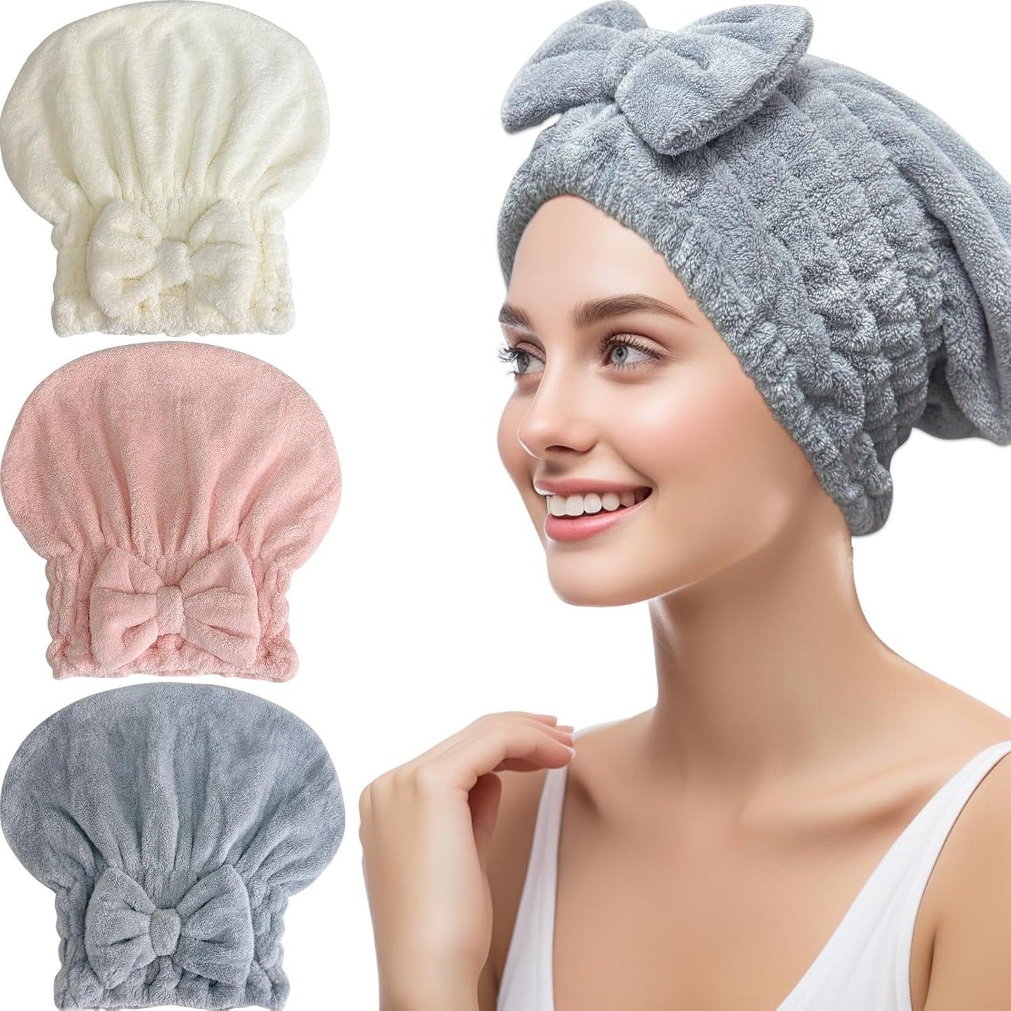 Jseng 3Packs Microfiber Hair Towel for Women - Quick-Drying, Super Absorbent Hair Wrap with Bow Design, Soft Hair Towel Turban for Curly Long Wet Hair