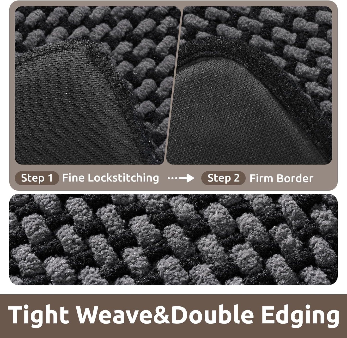 AMOAMI Chenille Bath Mat Super Absorbent Bathroom Mat Quick Dry Low Pile Bath Mats for Bathroom Washable Rubber Backed Bathroom Runners Fit Under Door, Front of Bathtub, Sink, Darkgrey&Black 17"x59"