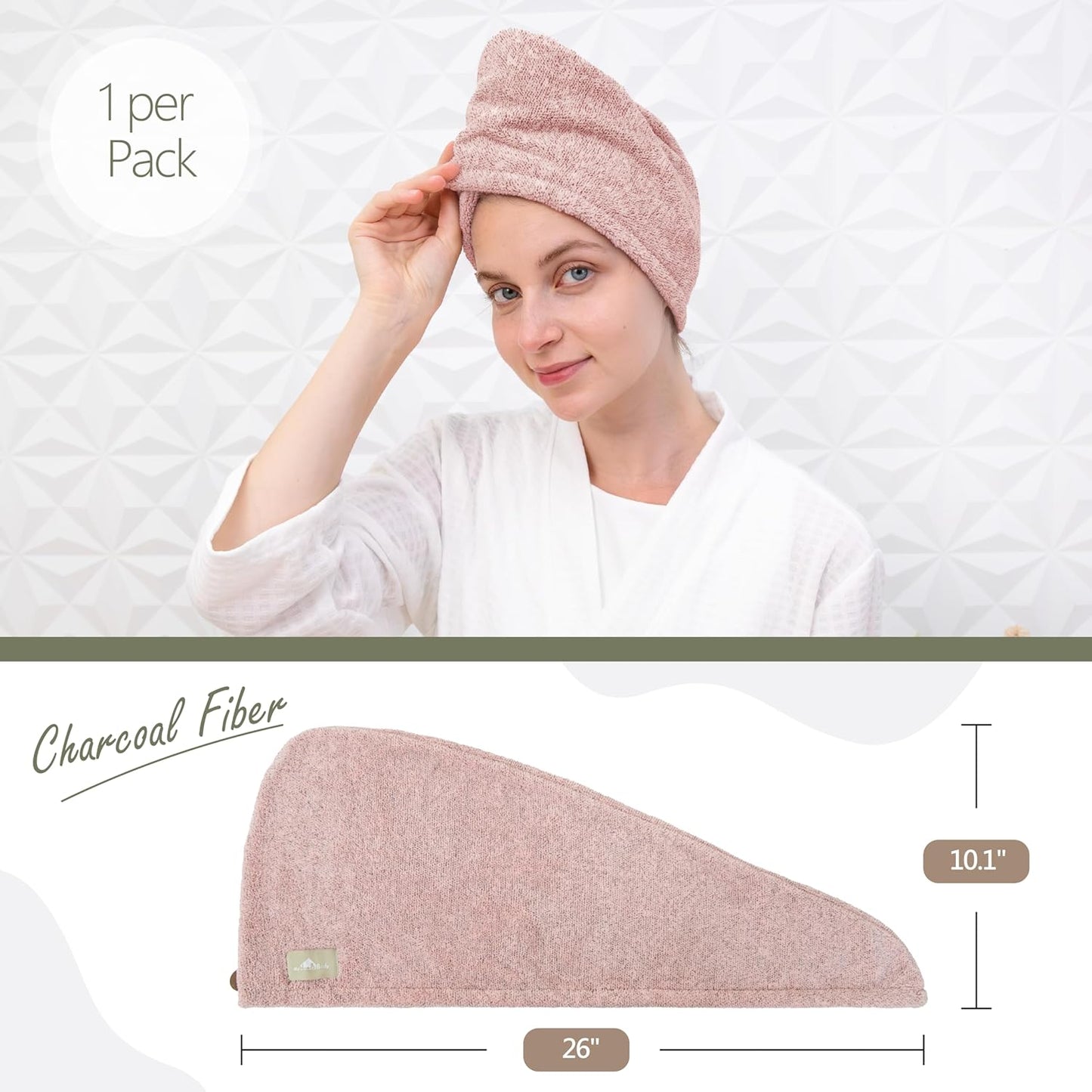 myHomeBody Hair Towel Wrap, Luxury Quick Drying Turban, Ultra Soft Absorbent Charcoal Fiber Cap, with Coconut Shell Button - Pink
