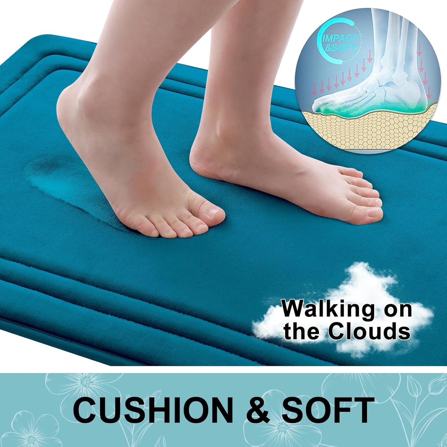 Grandaily Memory Foam Bath Mat Rug 24x16, Ultra Soft, Non-Slip and Absorbent Bathroom Rugs, Machine Wash Dry, Comfortable Bath Carpet for Bathroom Floor, Tub and Shower, Peacock Blue