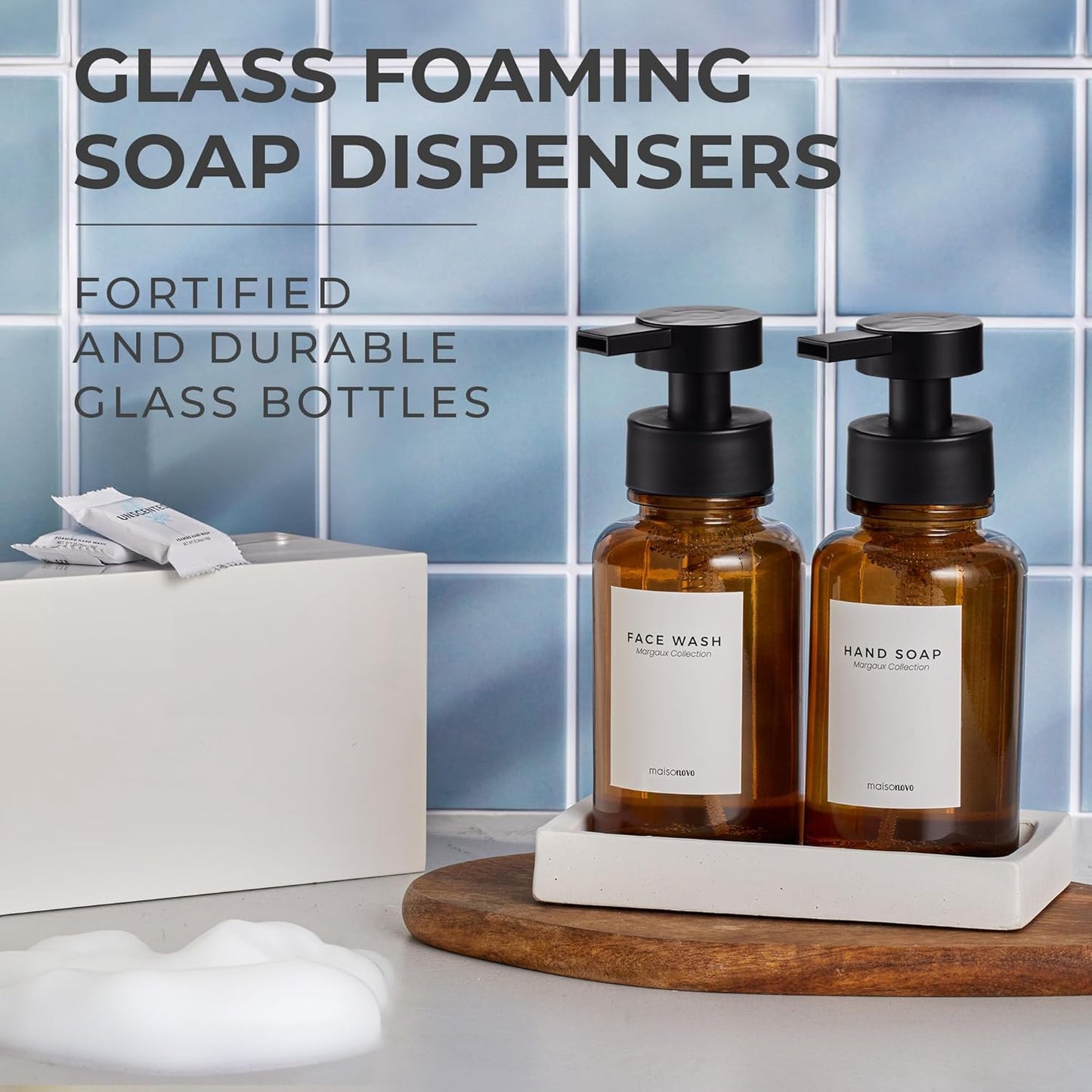 MaisoNovo Glass Foaming Soap Dispenser 14 Oz | Amber Glass Black Pumps x 2 with Tray