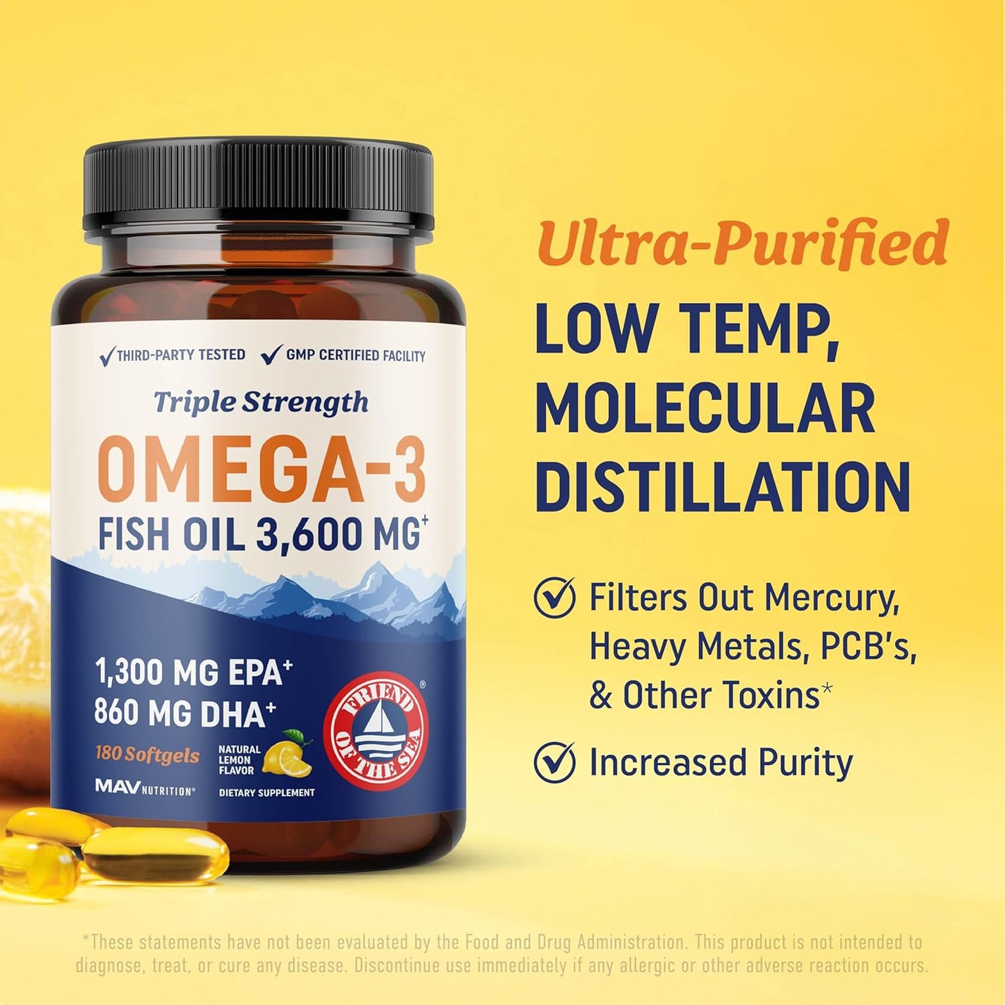 Triple Strength Omega 3 Fish Oil 3600 mg | EPA & DHA | Over 2100mg Omega-3 Fatty Acids | 1300mg EPA + 860mg DHA | Best Essential Fatty Acids | Premium Wild Caught & Burpless Fish Oil | 180 Ct